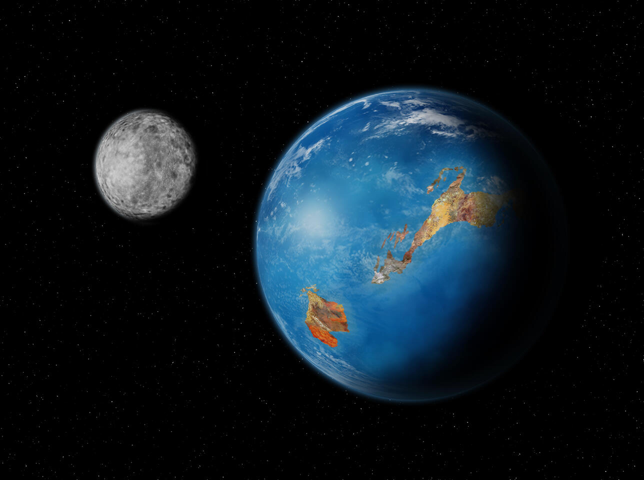 A digital painting of the Earth and moon as they appeared approximately 3.2 billion years ago.