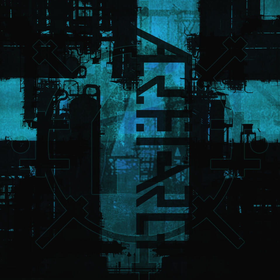 An album cover in shades of blue that shows collage of machines and industrial landscapes in silhouette.