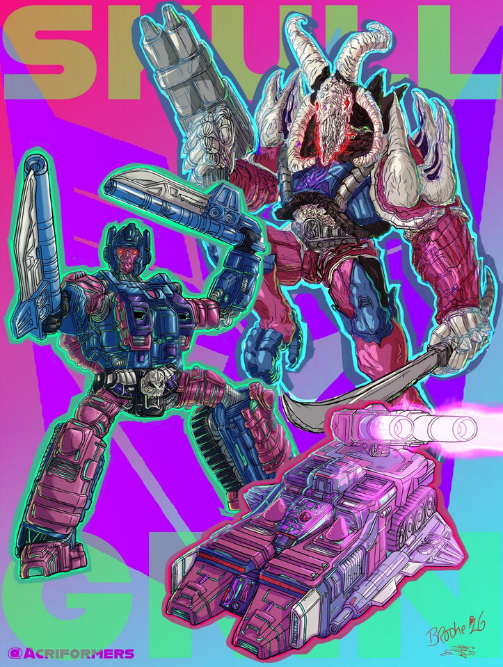 Digital painting of the Transformers character Skullgrin in a 1980's anime style. Skullgrin has a laser gun and sword which he is pointing aggressively towards the viewer with a snarling face. Skullgrin is coloured dark grey, purple, light grey.