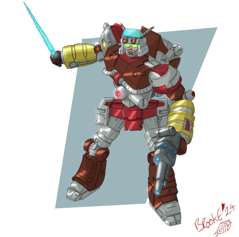 Digital painting of a robot in a 1980's anime style similar to Transformers. The robot has a laser gun and laser sword. The robot is in a fighting stance and is coloured brown, orange, grey and lime green.