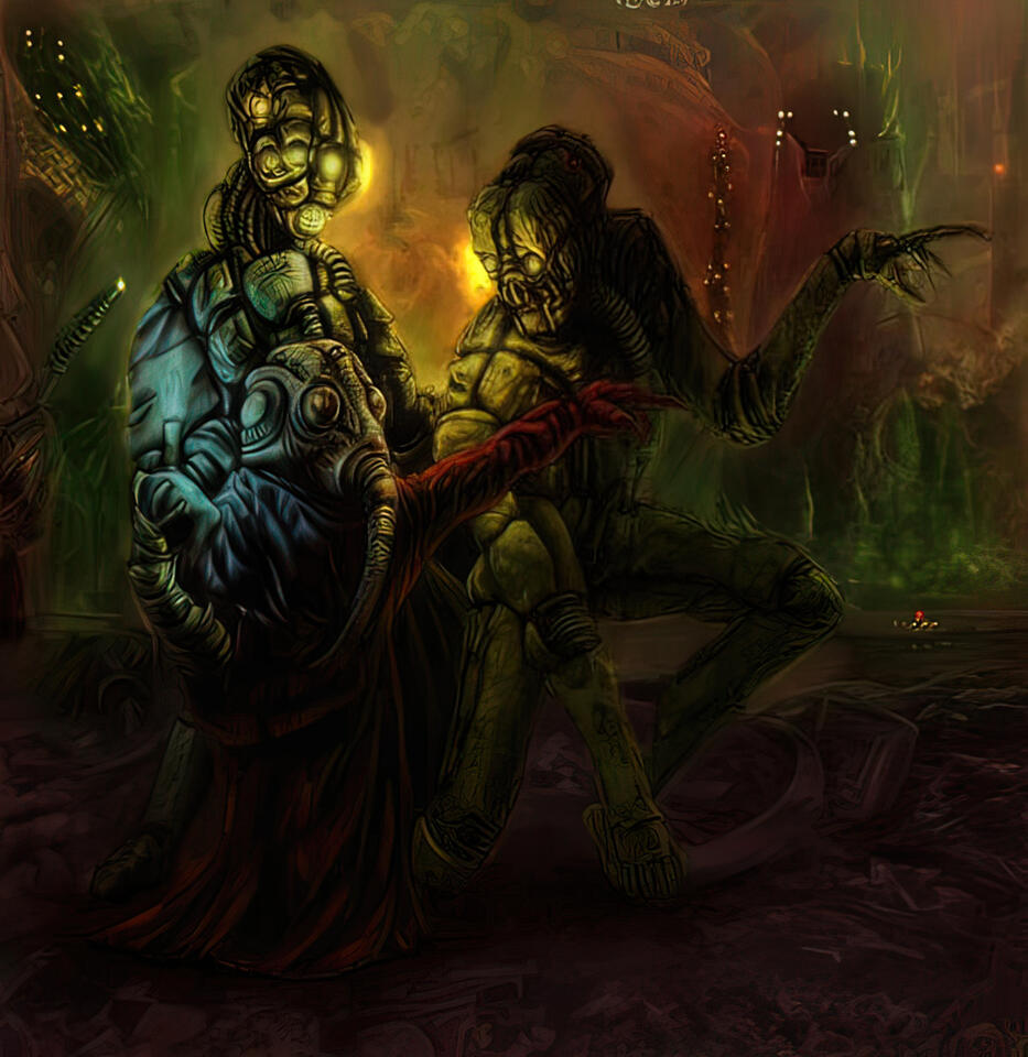 A small humanoid with a gas mask and a blue glowing candle on a skull. He wears a red robe and is pointing the way to two humanoid robots made of brass coloured junk, cables, and yellow lights. In the background is a red and green smoggy industrial wastela