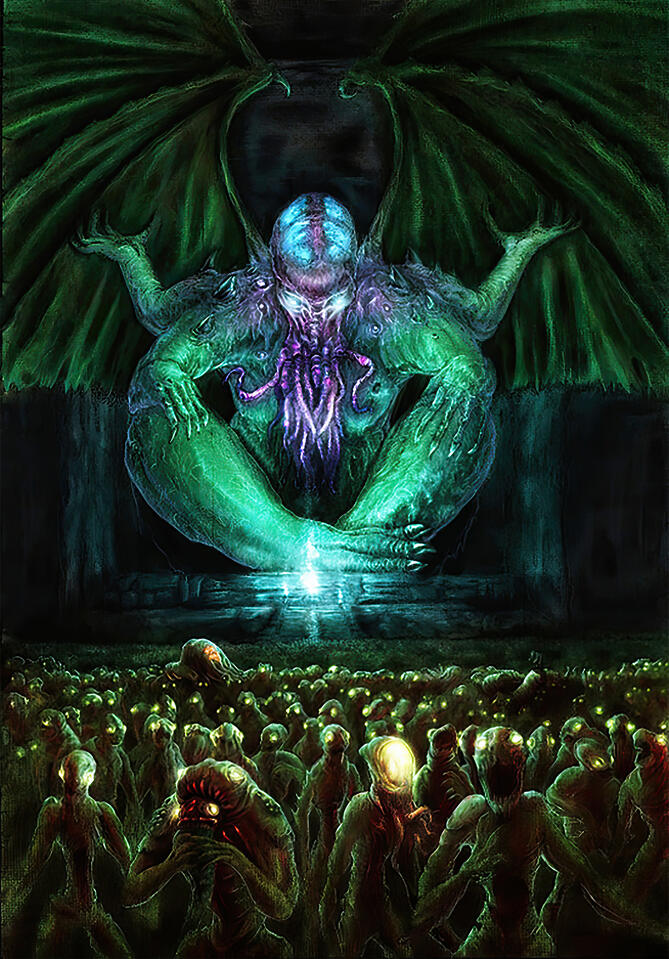 A large green creature of with a tentacled face, four arms, and dragon wings sits cross legged on a raised dais in a cave. There is a flame on the dais lighting the creature from below. In front of the creature, the cavern floor is lined with a mass of fis