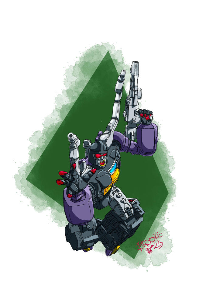 Digital painting of the Transformers character Shrapnel in a 1980's anime style. Shrapnel has a laser gun and is reaching aggressively towards the viewer with a snarling face. Shrapnel is coloured dark grey, purple, light grey, and yellow.