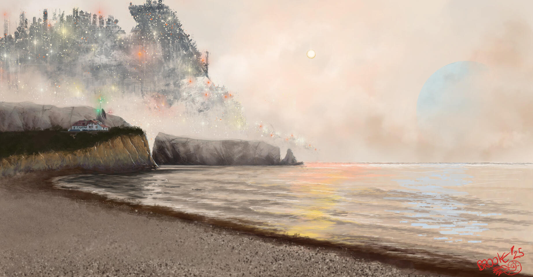 Digital painting of a beach at sunset illuminated in shades of peach. There is a large house on a cliff overlooking a small bay. The house is white with a red roof and has a large satellite dish. In the background is a large industrial complex studded with