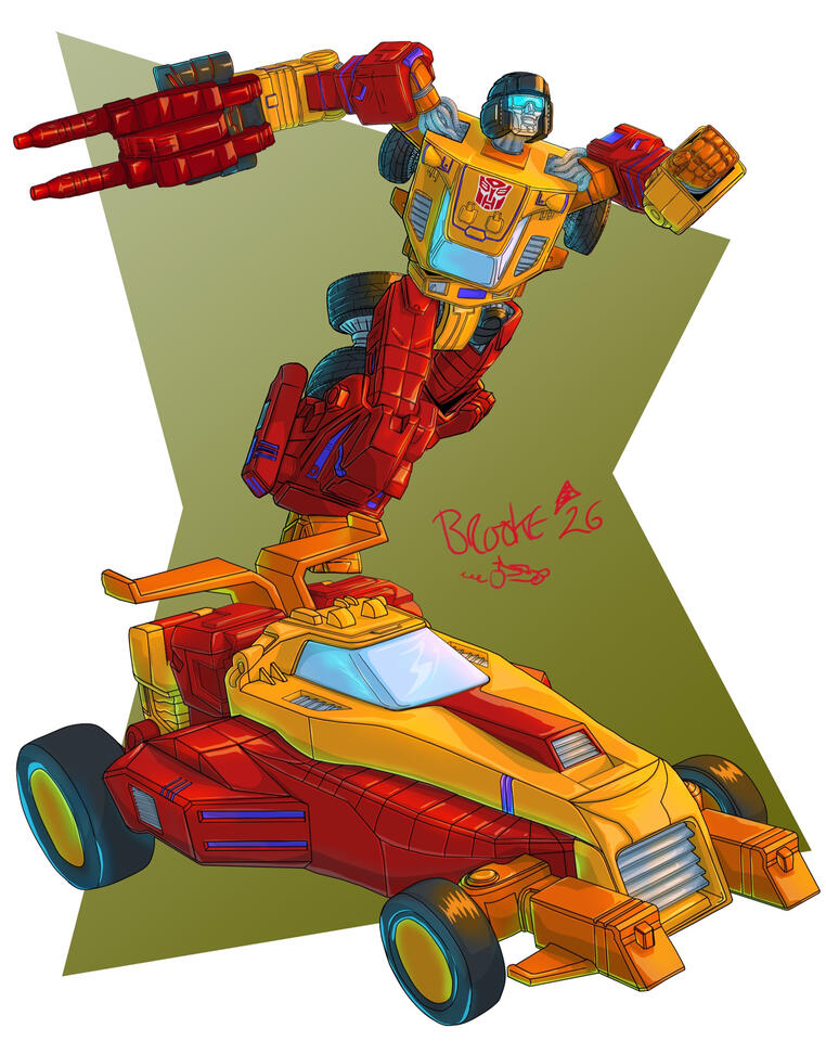 Digital painting of a robot in a 1980's anime style similar to Transformers. The robot has a laser gun. The robot is running across the image. Below the robots dune buggy mode is shown. The robot and buggy and yellow, orange, and various shades of grey.