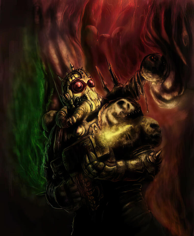 Digital painting of a soldier in a green suit of armour with a skull like gas mask with red bulbous eyes and three skulls on its shoulder. It has lots of spikes and is firing a machine gun. The armour is corroded and has bits of fungus hanging from it. The