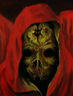 A green skeleton in a red cloak with two similar skeletons behind it, looks down at a pile of large worms. Behind them is a moody red brown sky and a dusty wasteland.